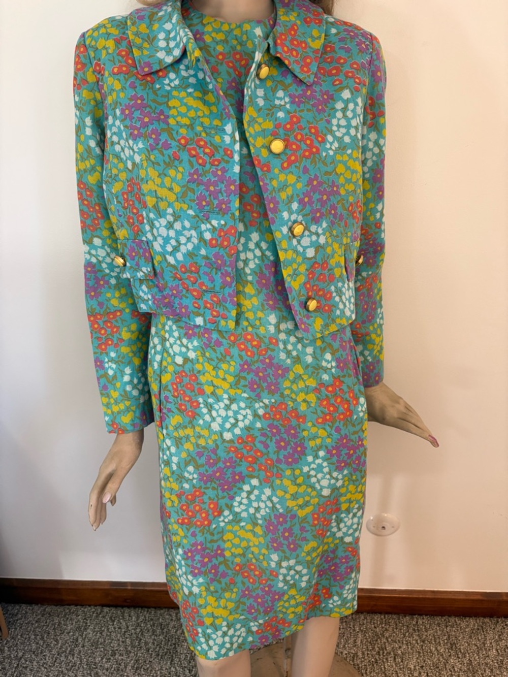 Vintage Teal Floral Midi Dress with Cropped Jacket - Picture 6 of 15